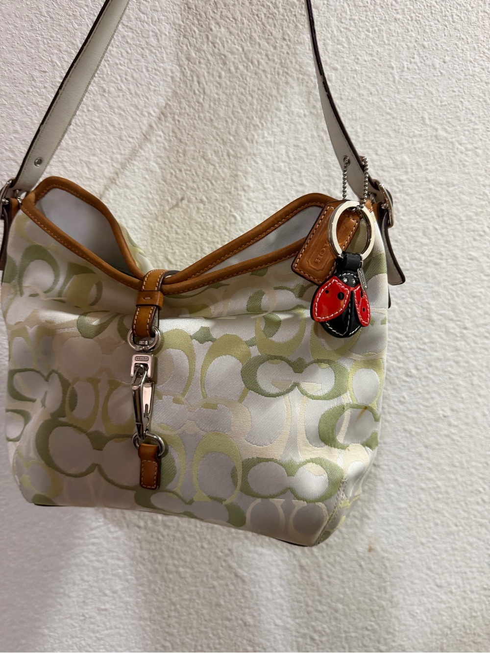 Coach Shoulder Bag in Green, White and Tan with Red Charm